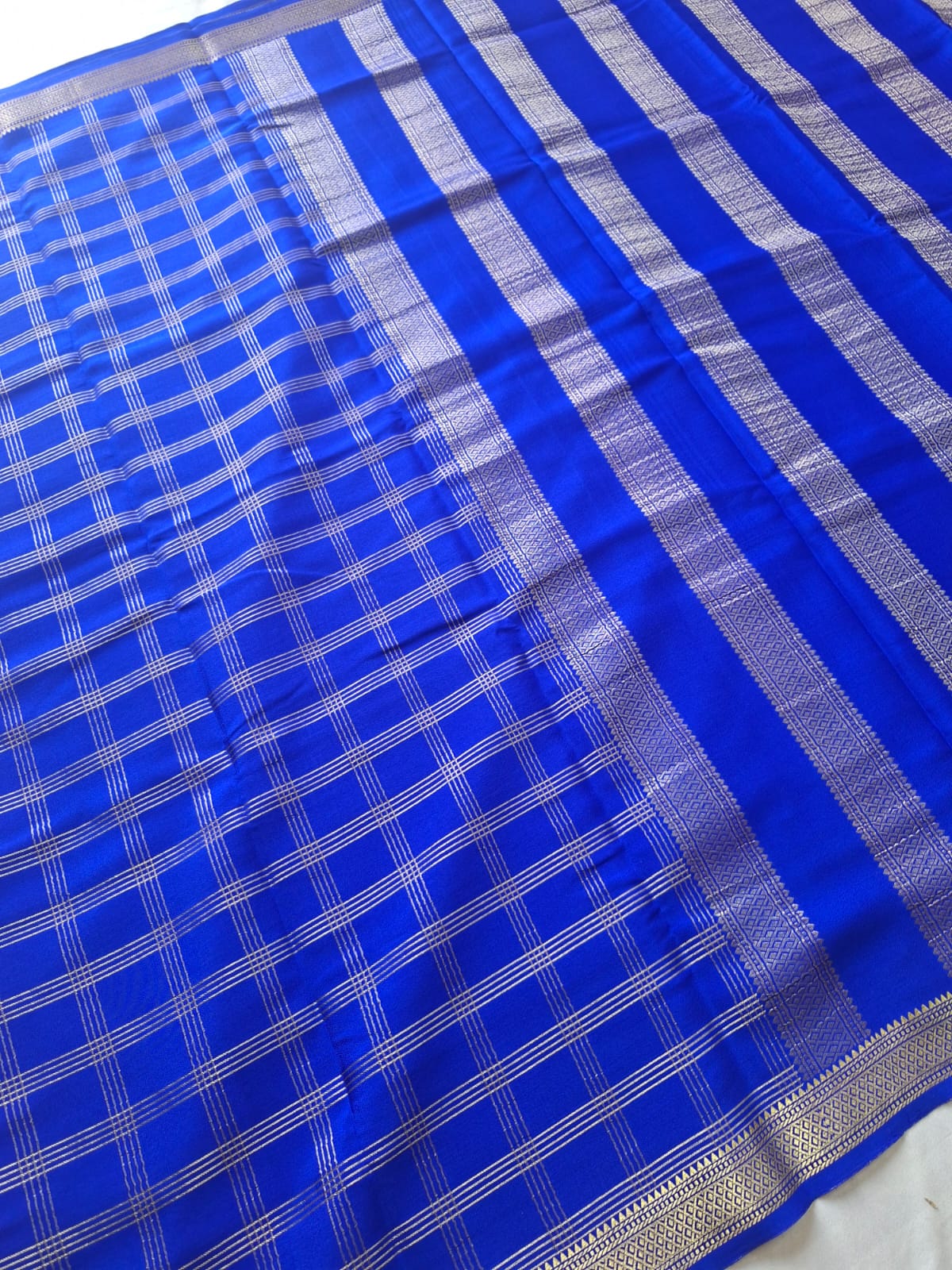 royal blue mysore crepe pure silk saree with golden zari