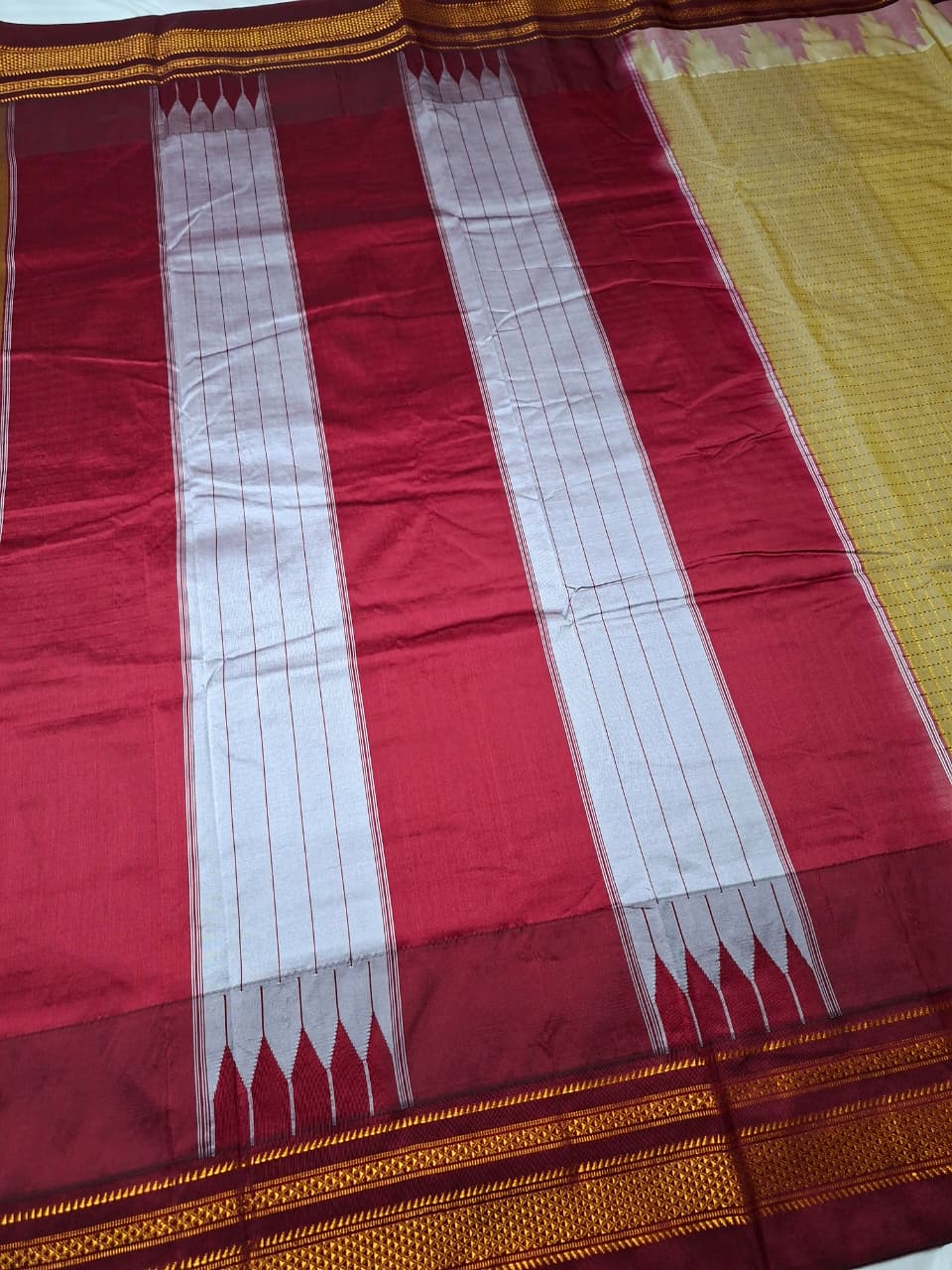 Mustard Gold Gadwal Chaduranga Ilkal Cotton Saree with Contrast Zari Border & Pallu