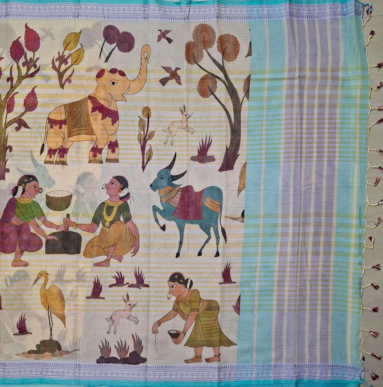 Kalamkari Beige Base-Lavender border Khadi Cotton with Digital Print