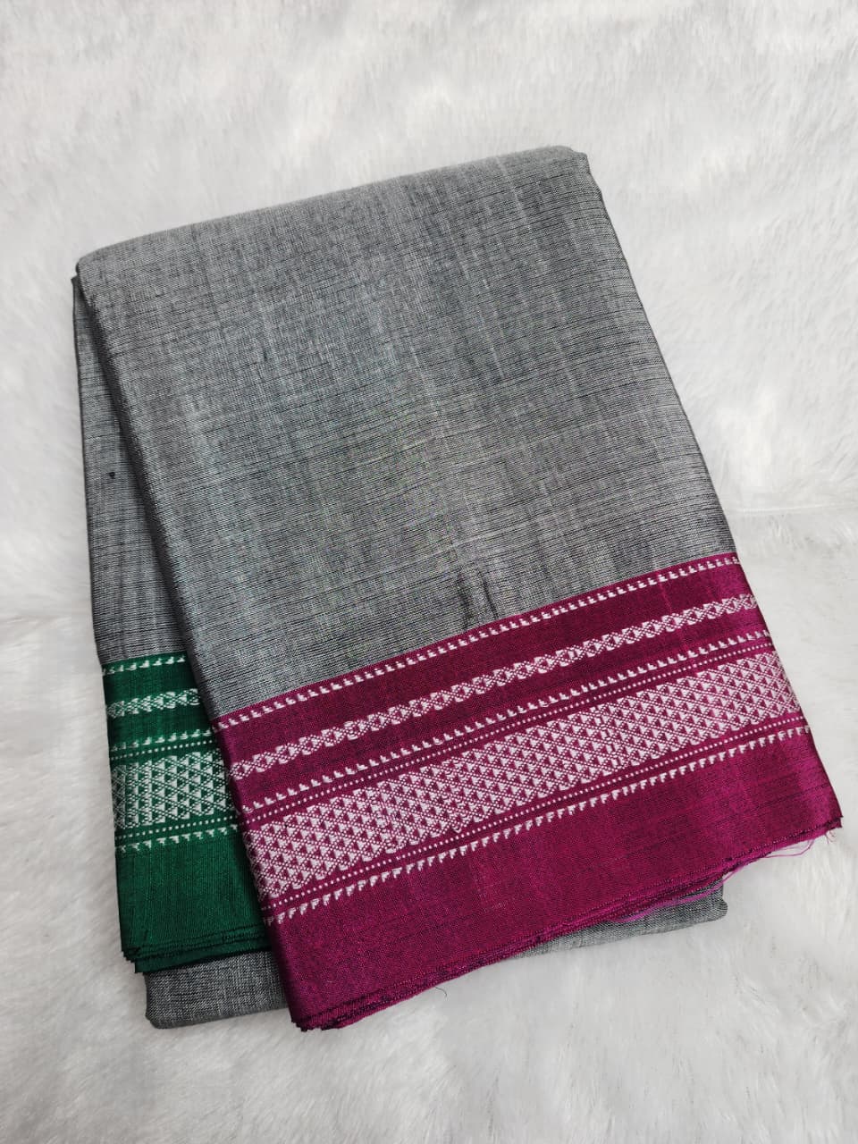 Grey Ilkal Viscose Handloom Saree with Silk Pallu & chikki Paras Border