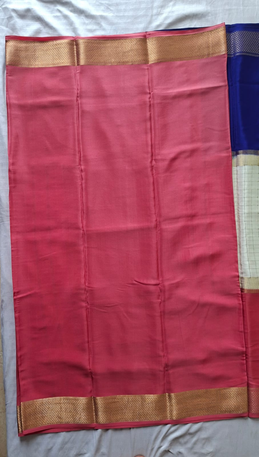 Royal Contrast Pure Mysore Silk Saree with Zari Checks & Heritage Border