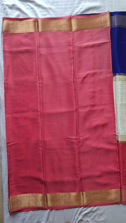Royal Contrast Pure Mysore Silk Saree with Zari Checks & Heritage Border
