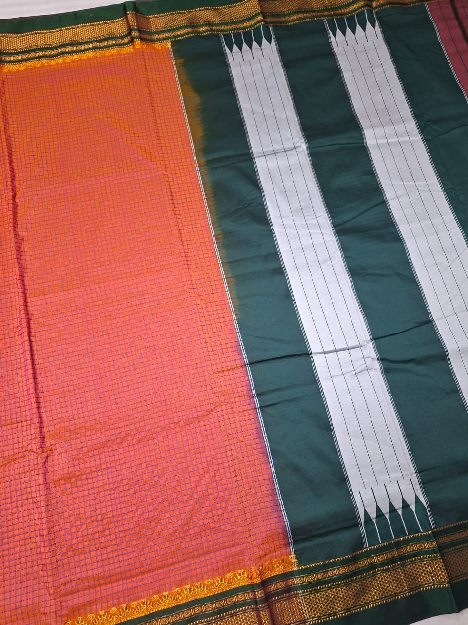 Coral Orange thread chaduranga Ilkal with Gadwal  Deep Bottle Green Border