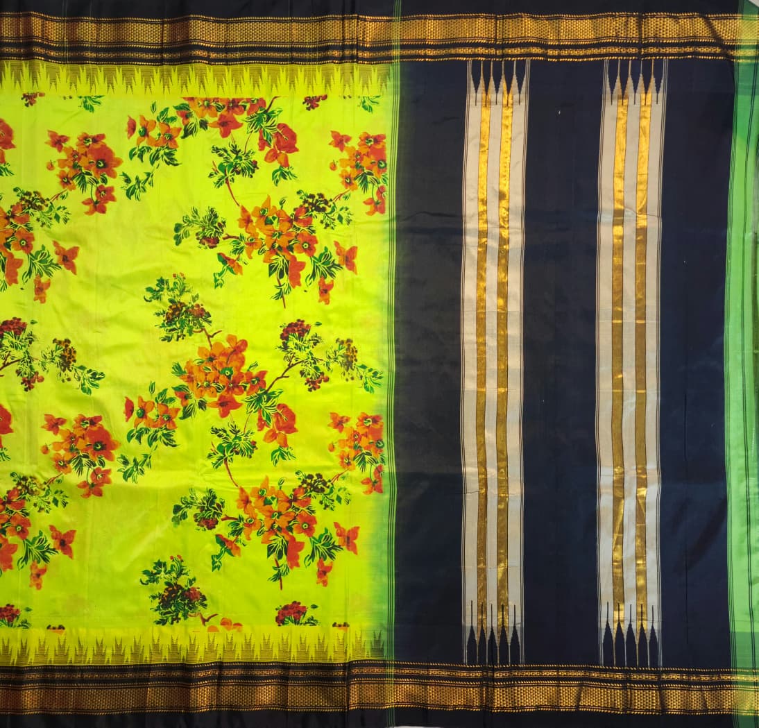 Vibrant Lime Green Ilkal–Kalamkari Floral print Fusion Saree