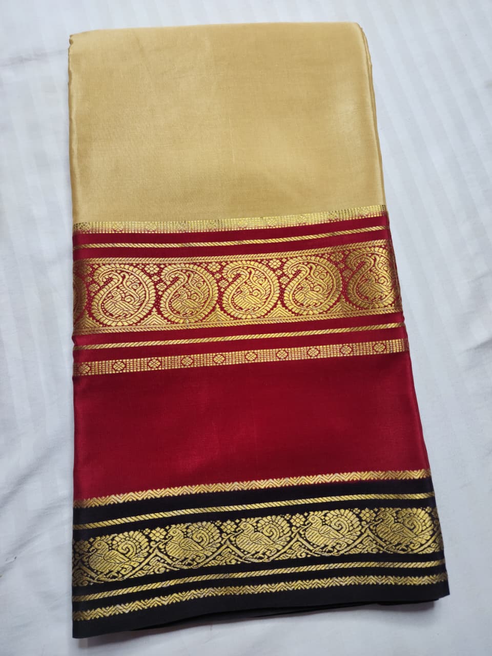 Golden Beige & Maroon Mysore Silk Saree with Zari Borders
