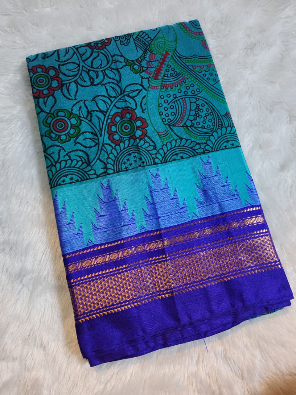 Blue Ilkal–Kalamkari floral print Fusion Saree