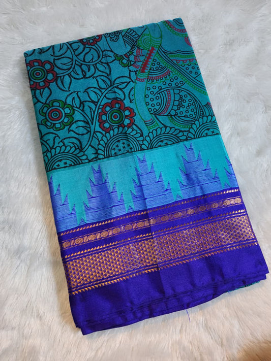 Blue Ilkal–Kalamkari floral print Fusion Saree