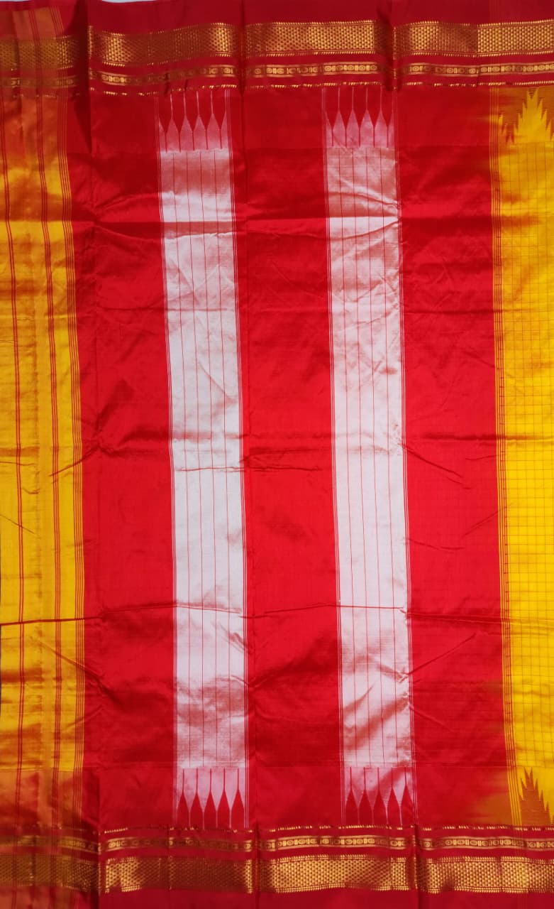 Chaduranga Yellow–Red Ilkal Semi-Silk Saree with Temple Border