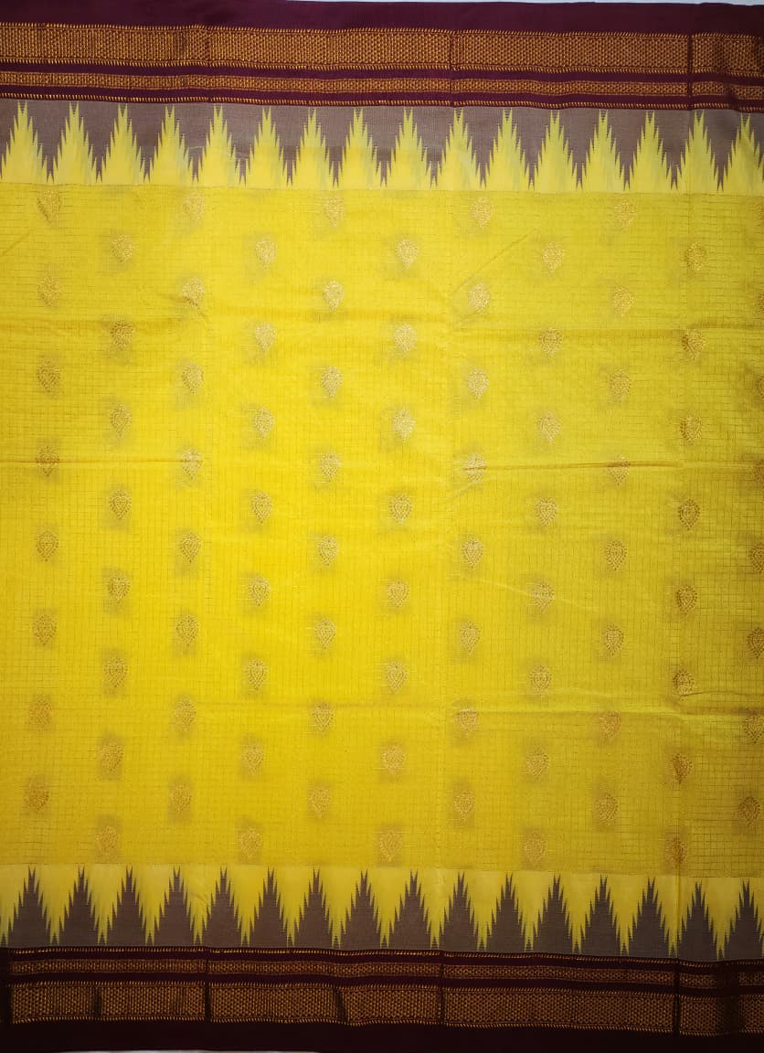 Sunshine Yellow Ilkal Checks Butta Saree with Maroon Zari Border