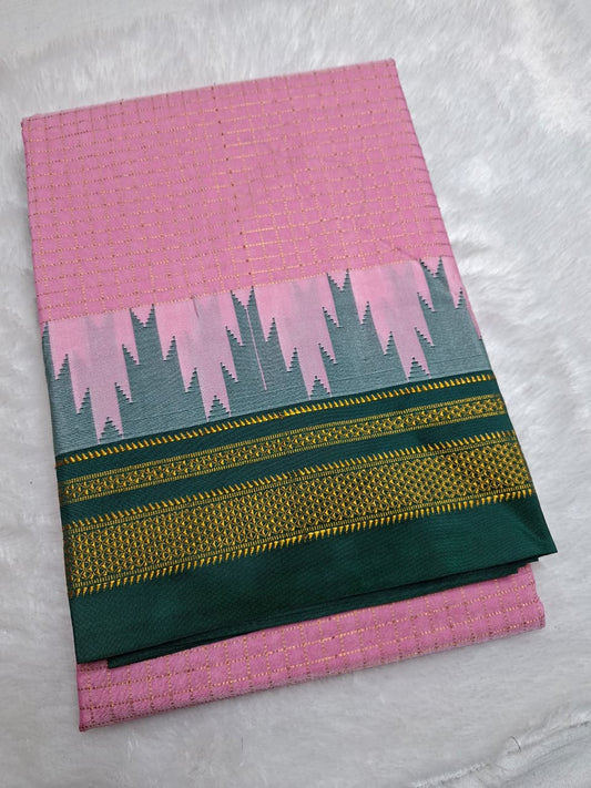 Blush Pink & Bottle Green Gadwal Chaduranga Ilkal Cotton Saree with Contrast Zari Border & Pallu