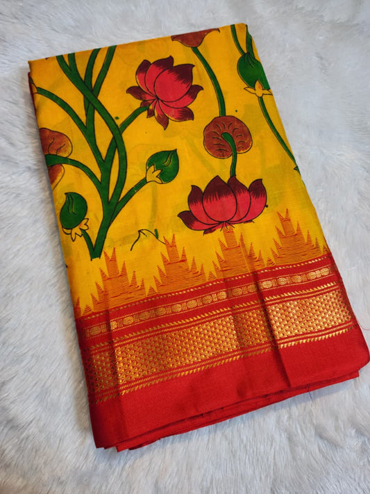 Mustard-Yellow Ilkal–Kalamkari Floral print Fusion Saree