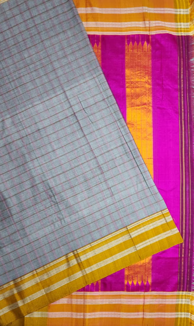 Grey Ilkal Cotton Handloom Checks Saree
