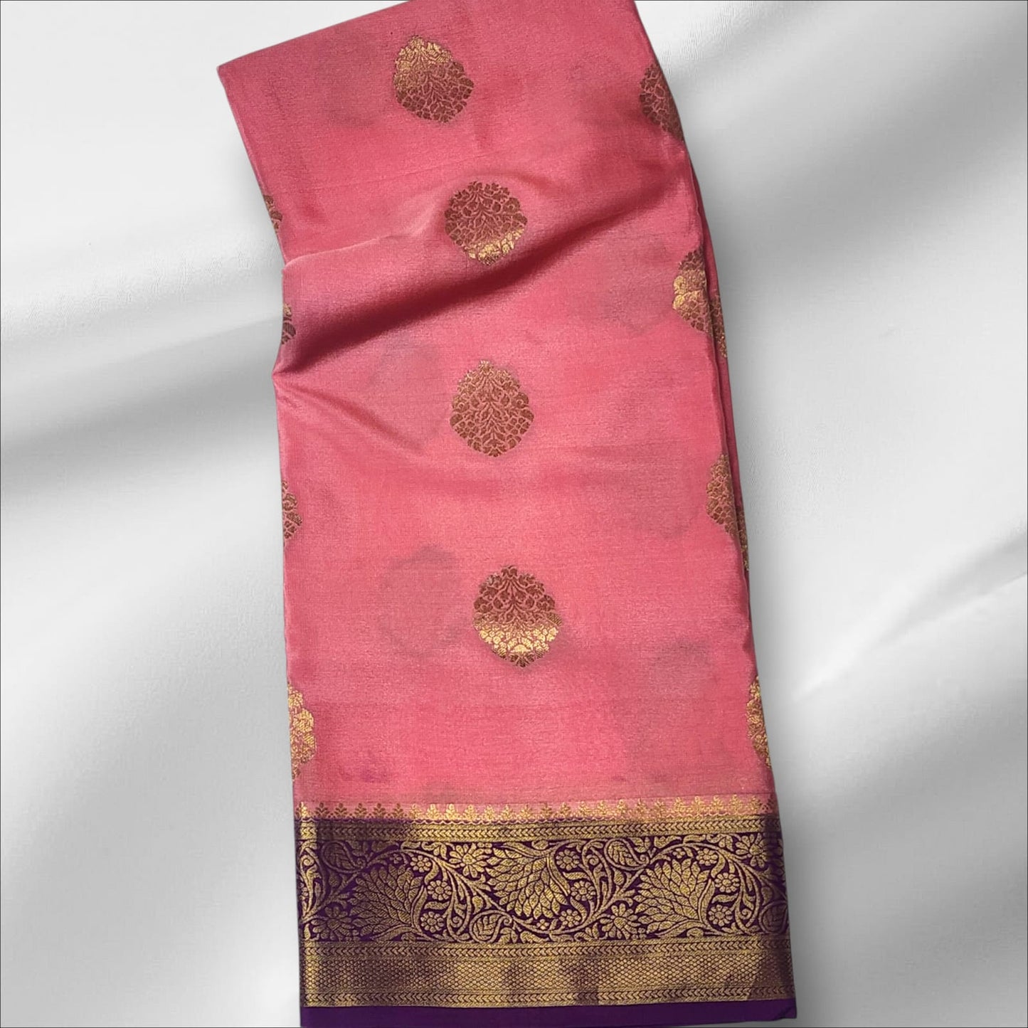 Peach Mysore Silk Saree with Gold Floral Motifs