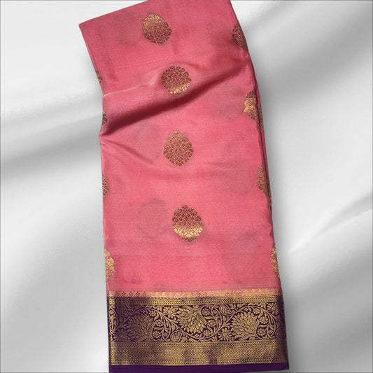 Peach Mysore Silk Saree with Gold Floral Motifs