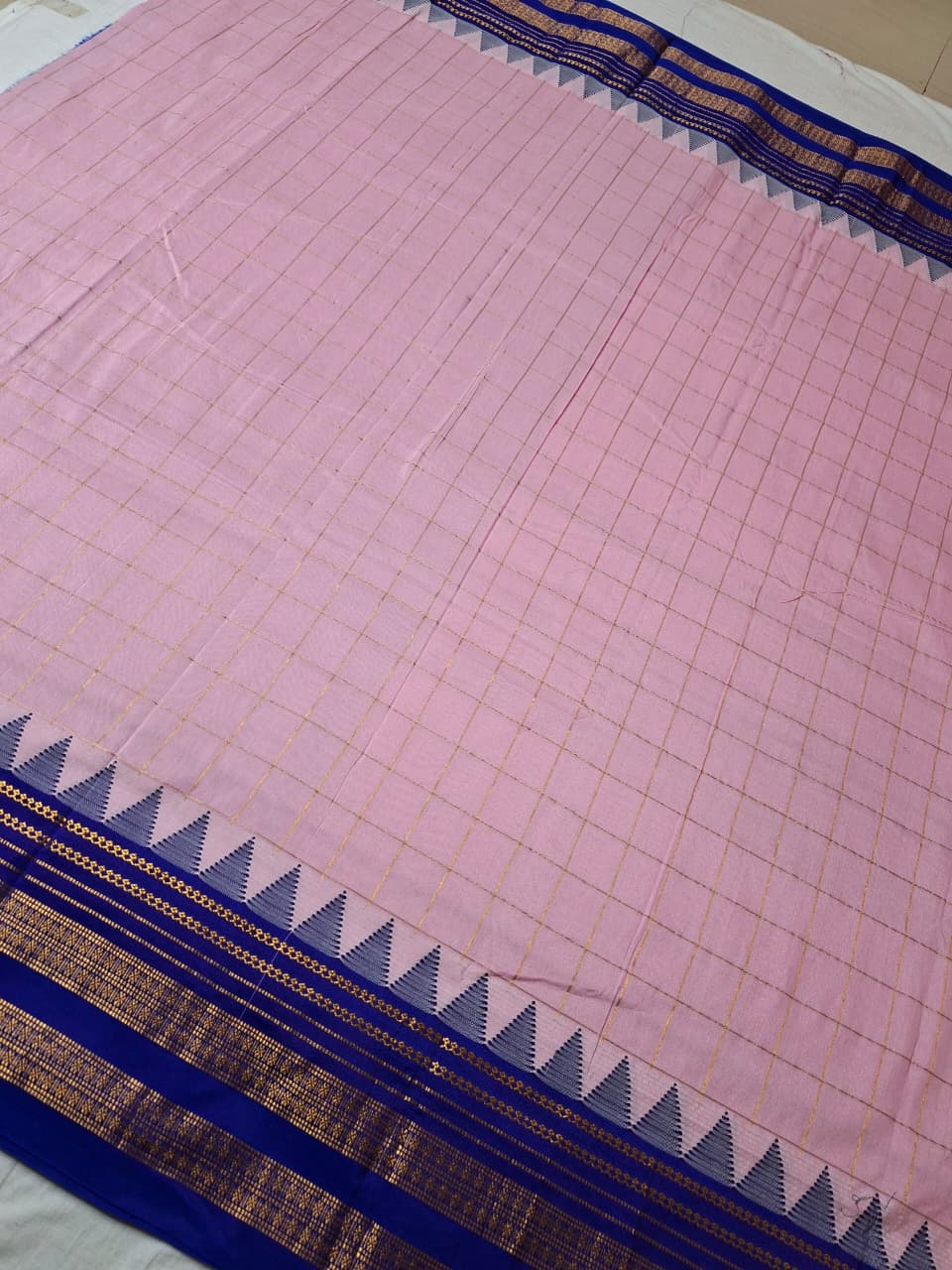 Blush Pink Big Checks Ilkal Saree with Royal Blue Big Border