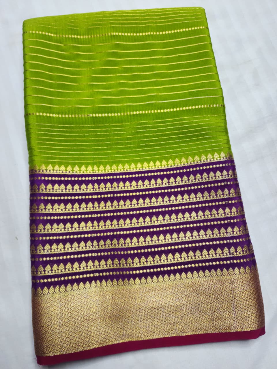 Parrot Green Mysore Silk Saree with with purple and pink border