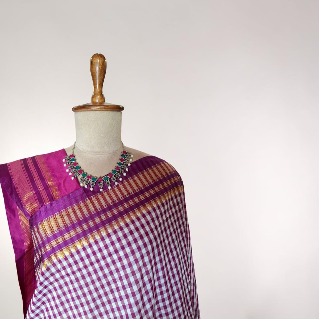 Purple & White Ilkal Mini Checks Saree