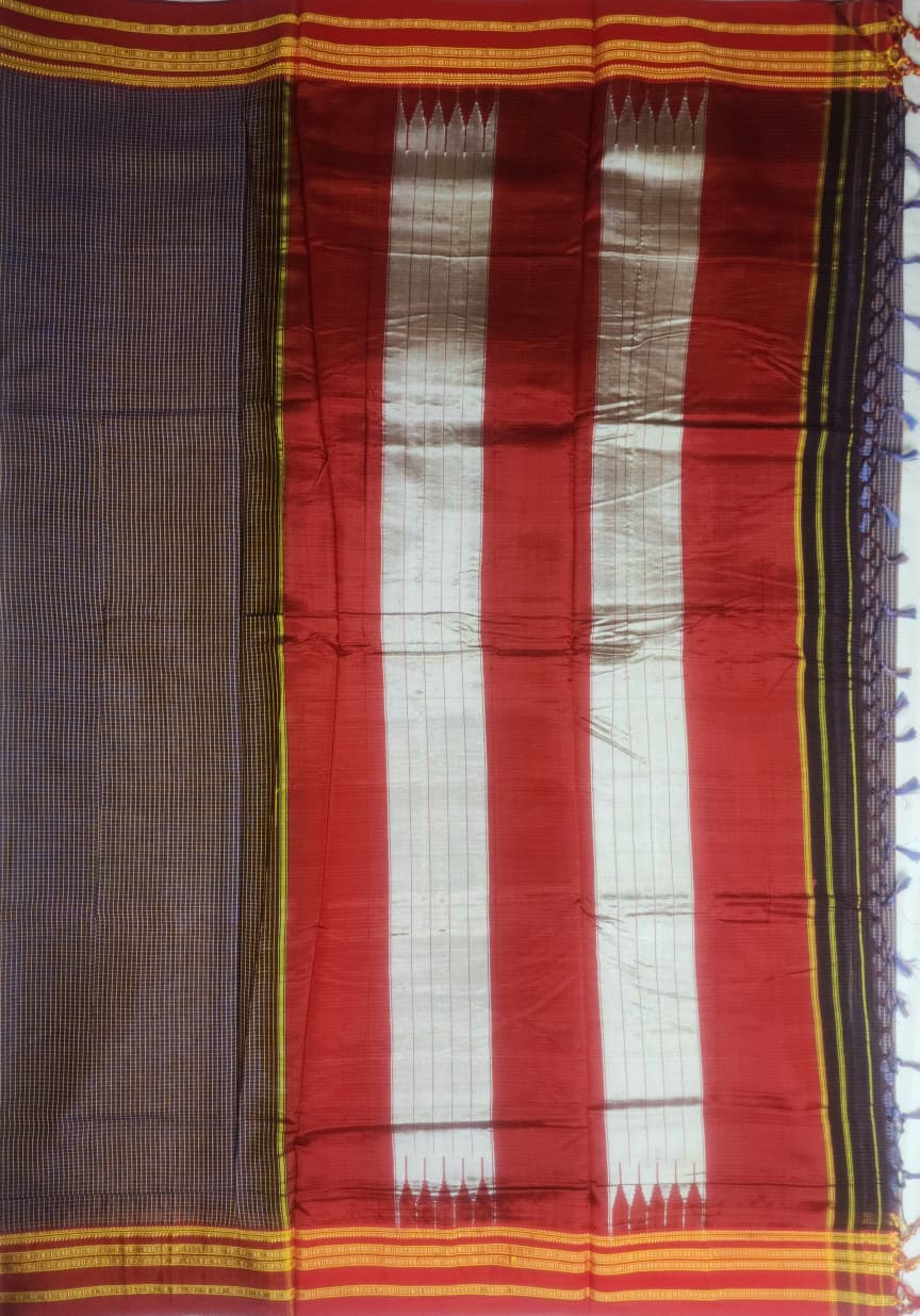 Deep navy checkered Ilkal Cotton Saree