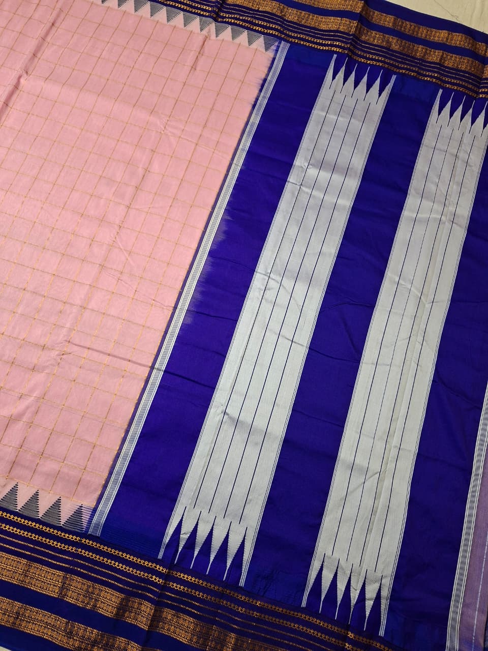 Blush Pink Big Checks Ilkal Saree with Royal Blue Big Border