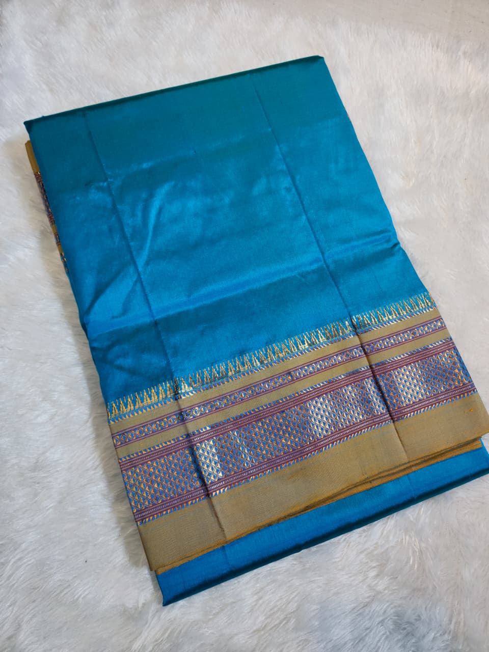 Teal Blue Plain Ilkal silk with Paras Border