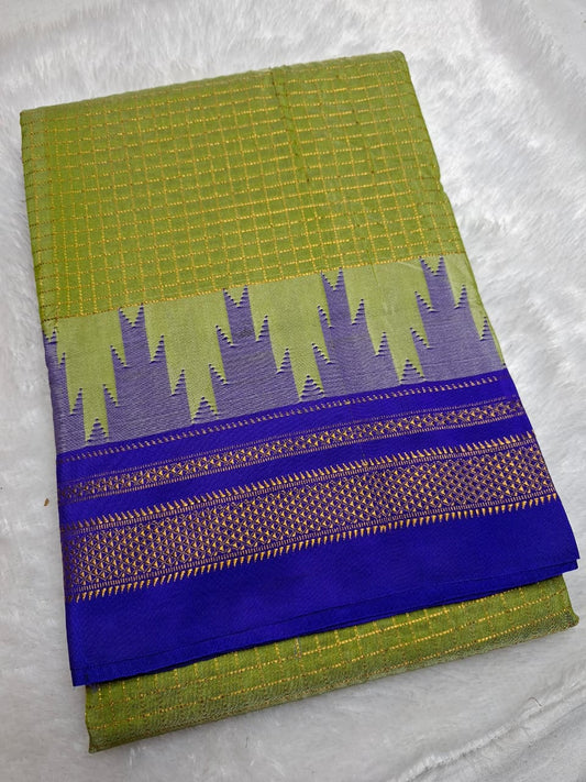 Parrot Green Gadwal Chaduranga Ilkal Cotton Saree with Contrast Zari Border & Pallu