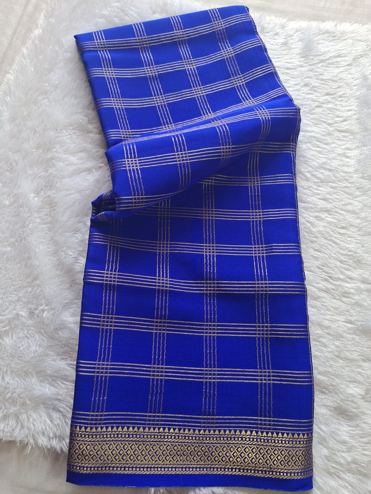 royal blue mysore crepe pure silk saree with golden zari