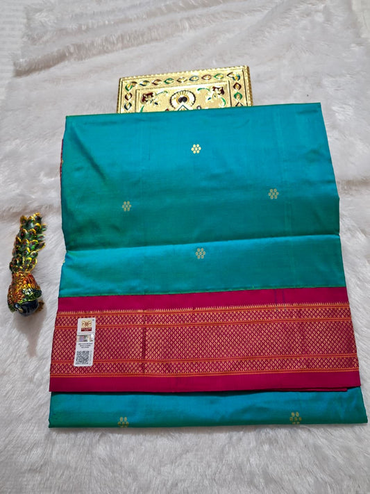 Turquoise Blue Paithani Silk with Flower Motifs