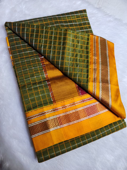 Olive green Double Checks Ilkal Cotton Saree with Mustard Zari Border