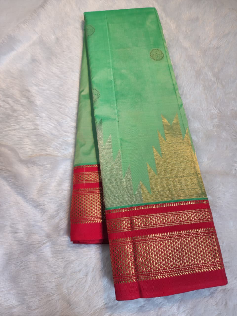 Pista-Green Gadwal Ilkal silk with Two-Colour Zari Temple Tower Border