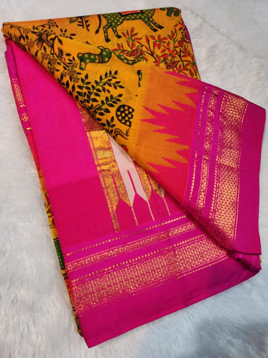 Mustard Kalamkari Cotton Saree with Pink Ilkal-Style Border