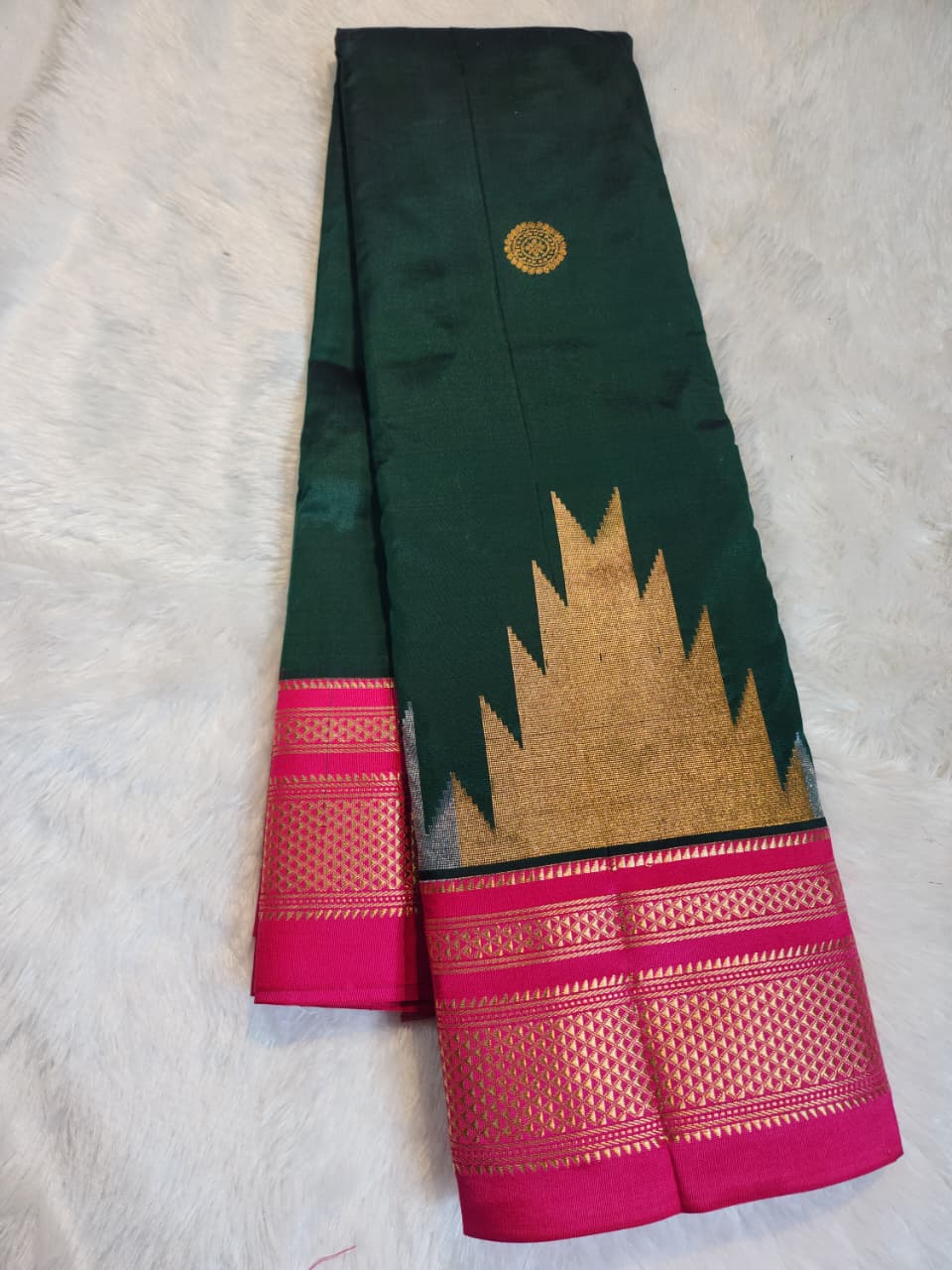 Bottle Green Gadwal Ilkal Silk with Two-Colour Zari Temple Tower Border