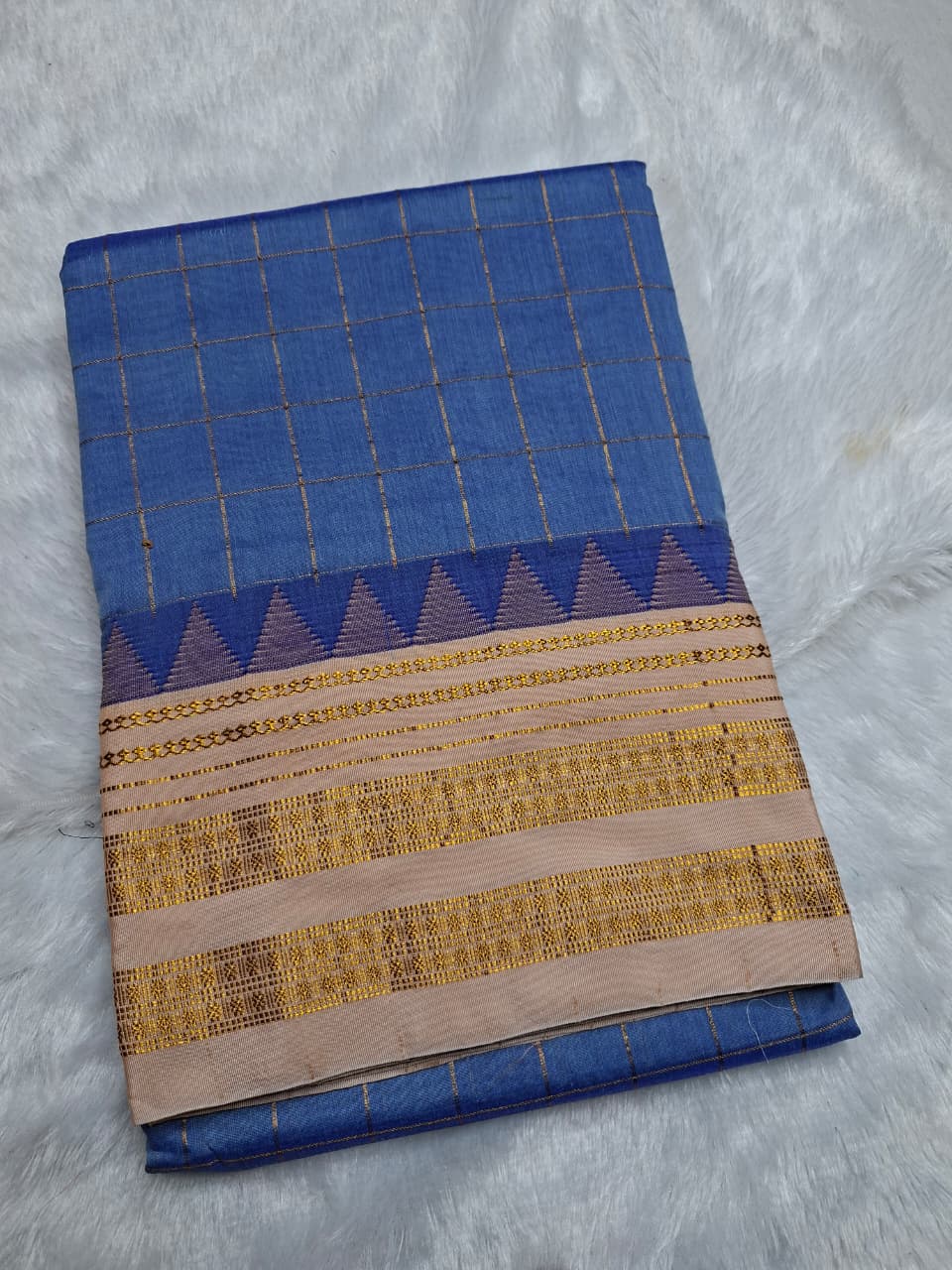 Dusty Blue Big Checks Ilkal Saree with Beige Big Border