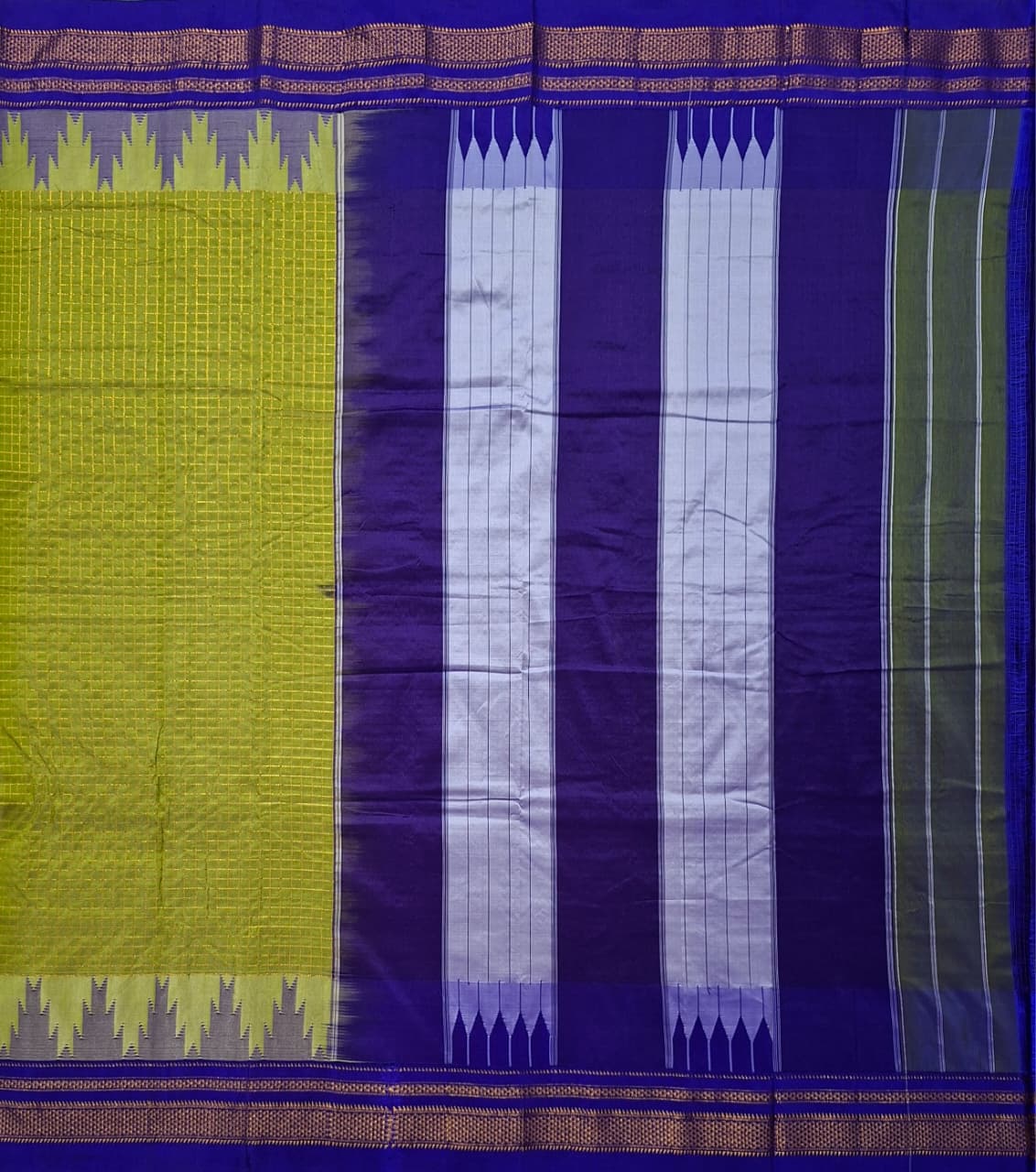 Parrot Green Gadwal Chaduranga Ilkal Cotton Saree with Contrast Zari Border & Pallu