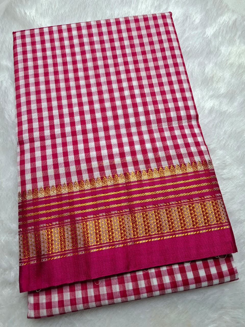 Pink & White Ilkal Mini Checks Saree