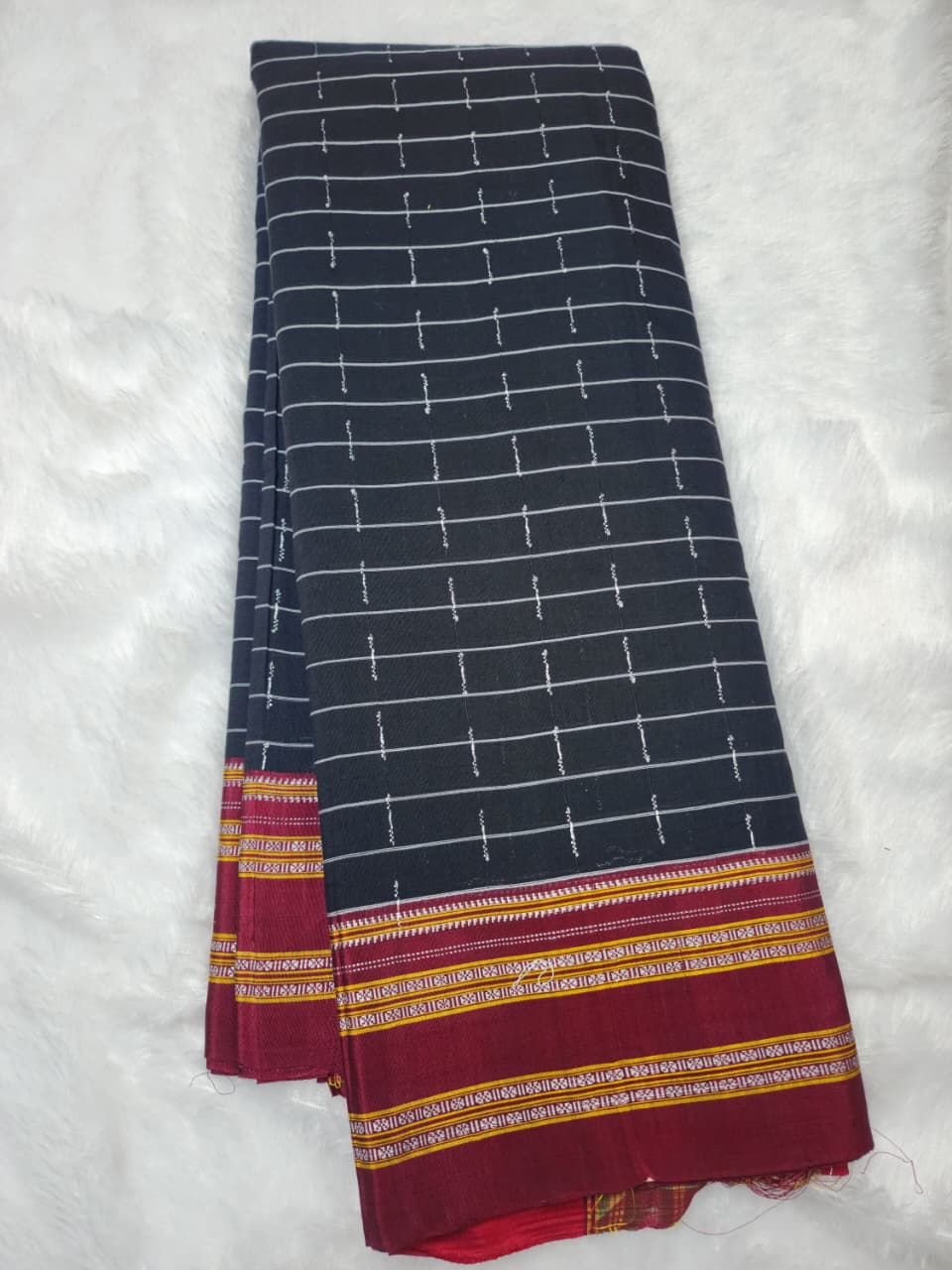 Deep Black Ilkal Cotton Handloom Checks Saree