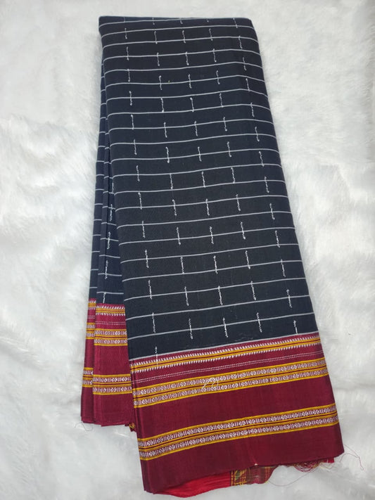 Deep Black Ilkal Cotton Handloom Checks Saree