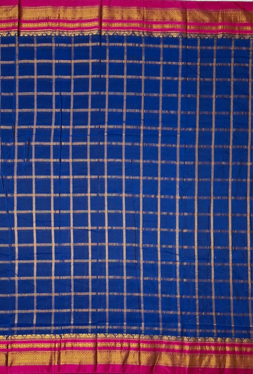 Royal Blue & Rani Pink  Big Jari Checks Ilkal Saree