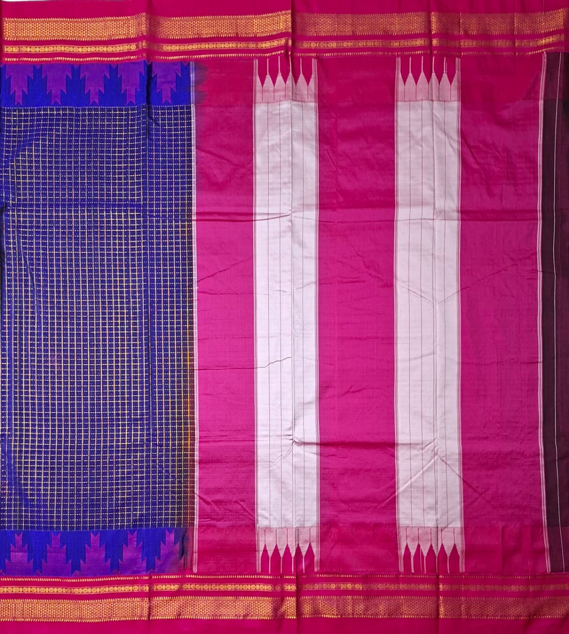 Royal Blue Gadwal Chaduranga Ilkal Cotton Saree with Contrast Zari Border & Pallu