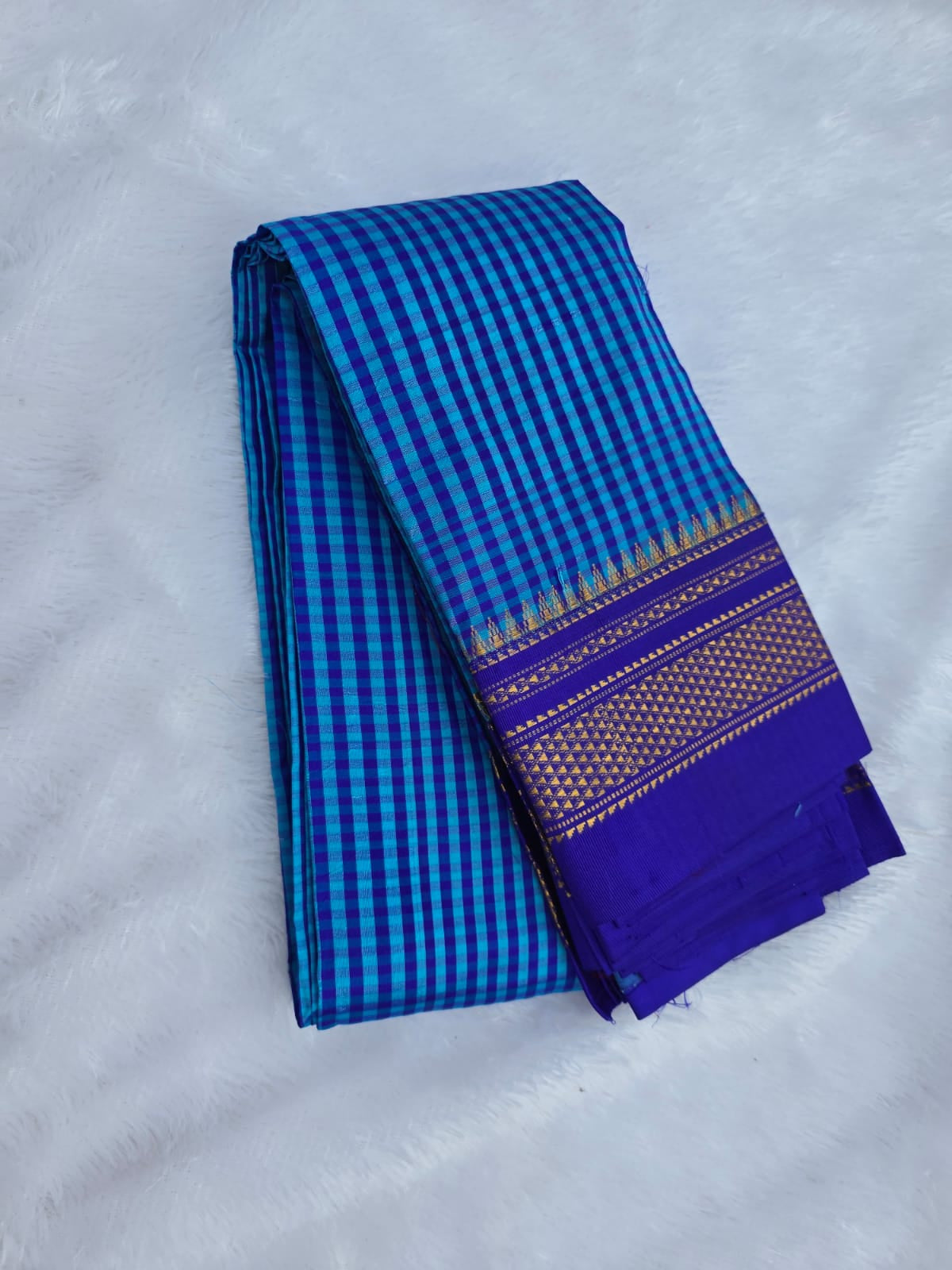 light blue  Checks - dark blue Border Pure Ilkal Silk Saree