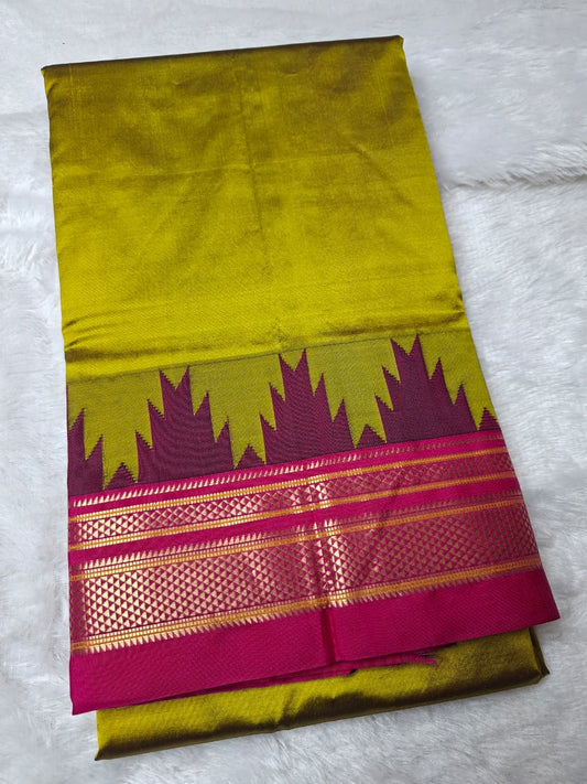 Green -pink plain with temple border ilkal silk