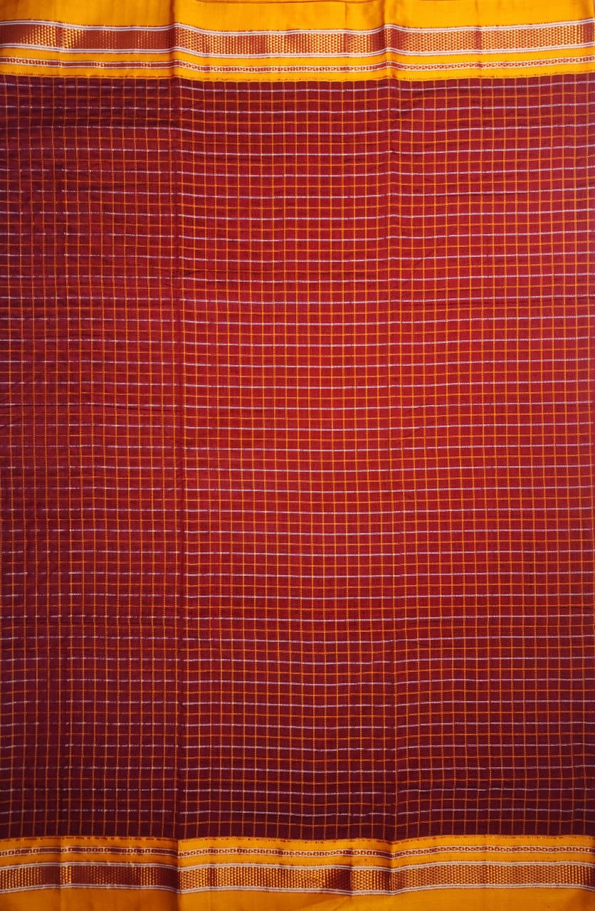 Maroon Double Checks Ilkal Cotton Saree with Mustard Zari Border
