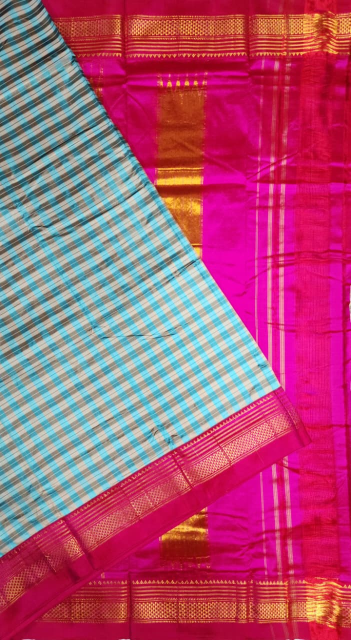 Blue-Pink Checks Ilkal Saree