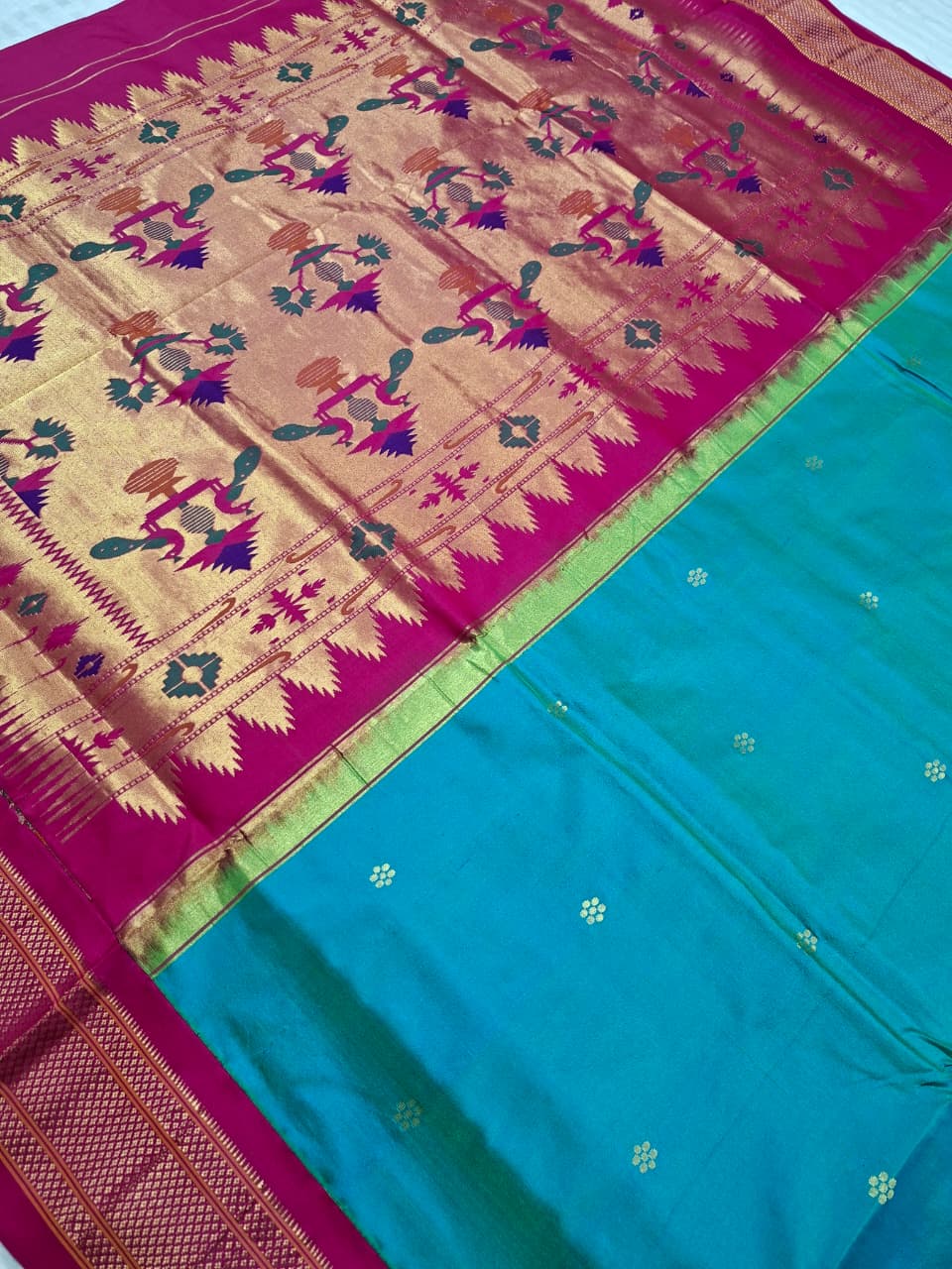Turquoise Blue Paithani Silk with Flower Motifs