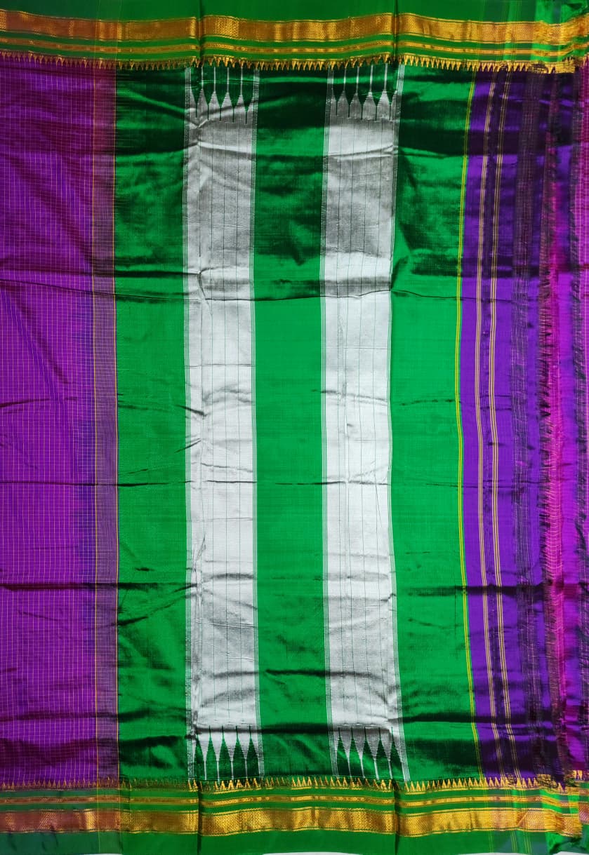 Purple Checks Ilkal Saree with Green golden border