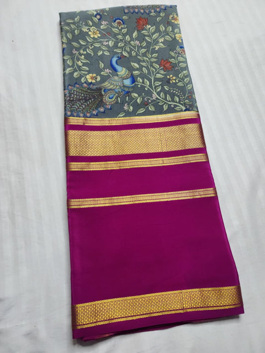 Majestic Peacock Print and Magenta Zari