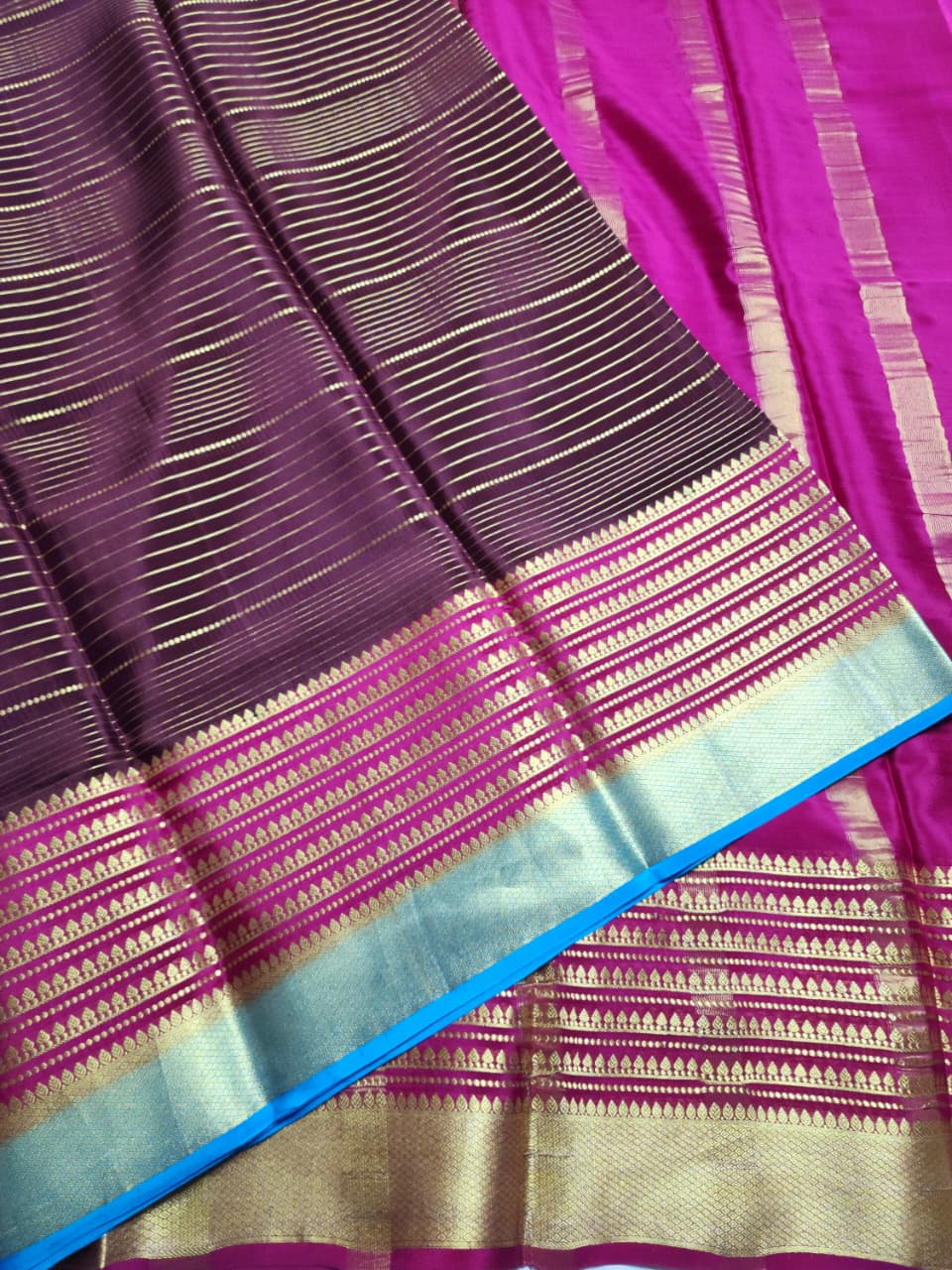 Brown Mysore Silk Saree with Golden Lines