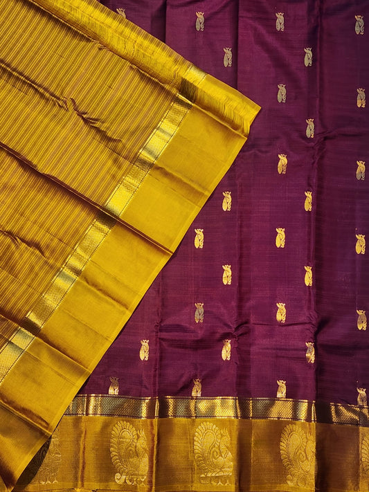 Maroon & Mustard Yellow Gadwal Silk Saree