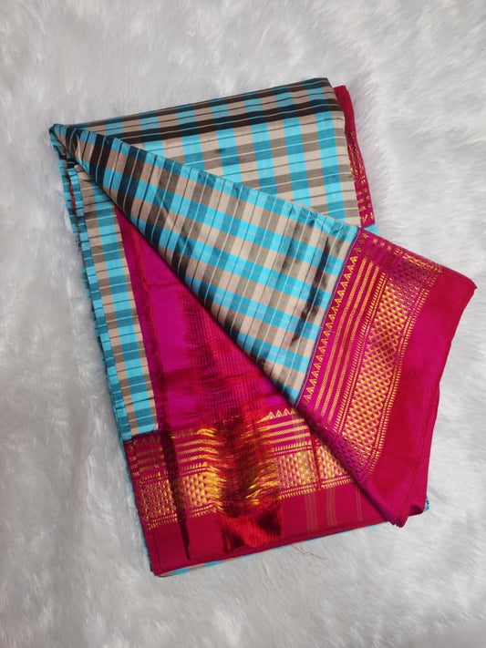 Blue-Pink Checks Ilkal Saree