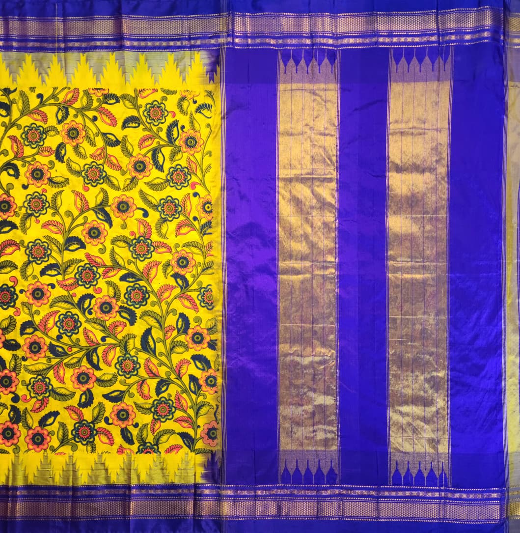 Vibrant Yellow Ilkal–Kalamkari Floral print Fusion Saree