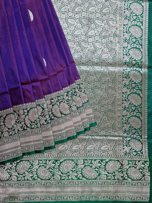 Purple Banarasi Silk Saree with Silver Leaf Motifs